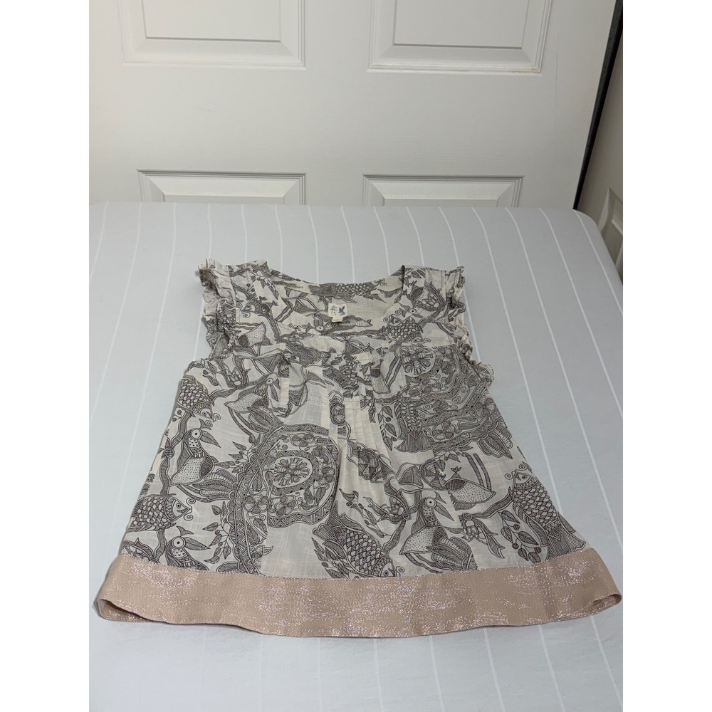 Edme & Esyllte Anthropologie Bird Fish Print Ruffle Blouse Cream Rose Gold 6